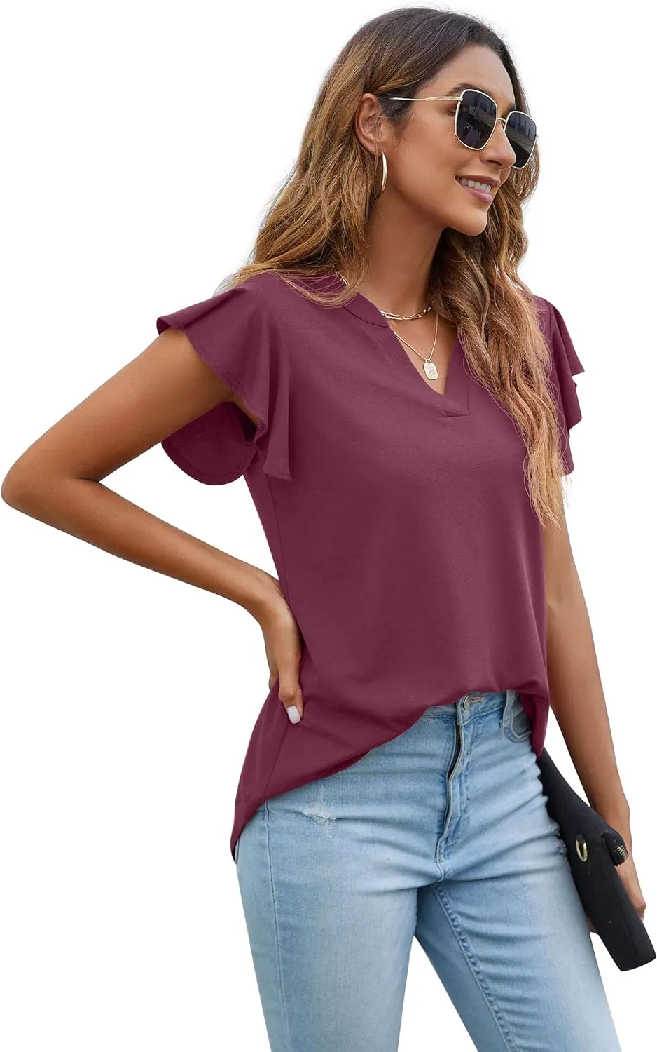 PrinStory Women Summer Tunic Tops Casual V Neck Ruffle Short Sleeve Knit Shirts Blouse