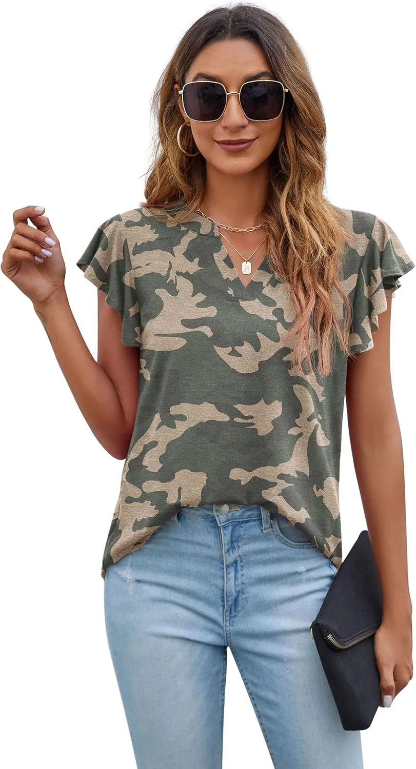 PrinStory Women Summer Tunic Tops Casual V Neck Ruffle Short Sleeve Knit Shirts Blouse
