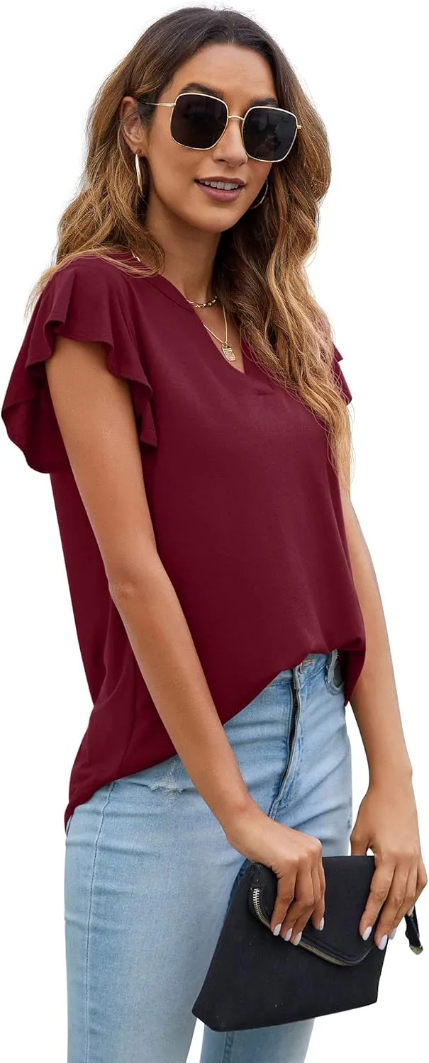 PrinStory Women Summer Tunic Tops Casual V Neck Ruffle Short Sleeve Knit Shirts Blouse