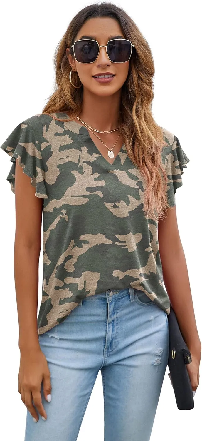PrinStory Women Summer Tunic Tops Casual V Neck Ruffle Short Sleeve Knit Shirts Blouse