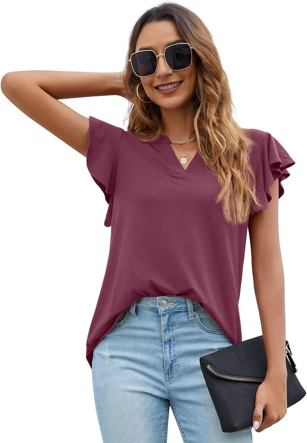PrinStory Women Summer Tunic Tops Casual V Neck Ruffle Short Sleeve Knit Shirts Blouse