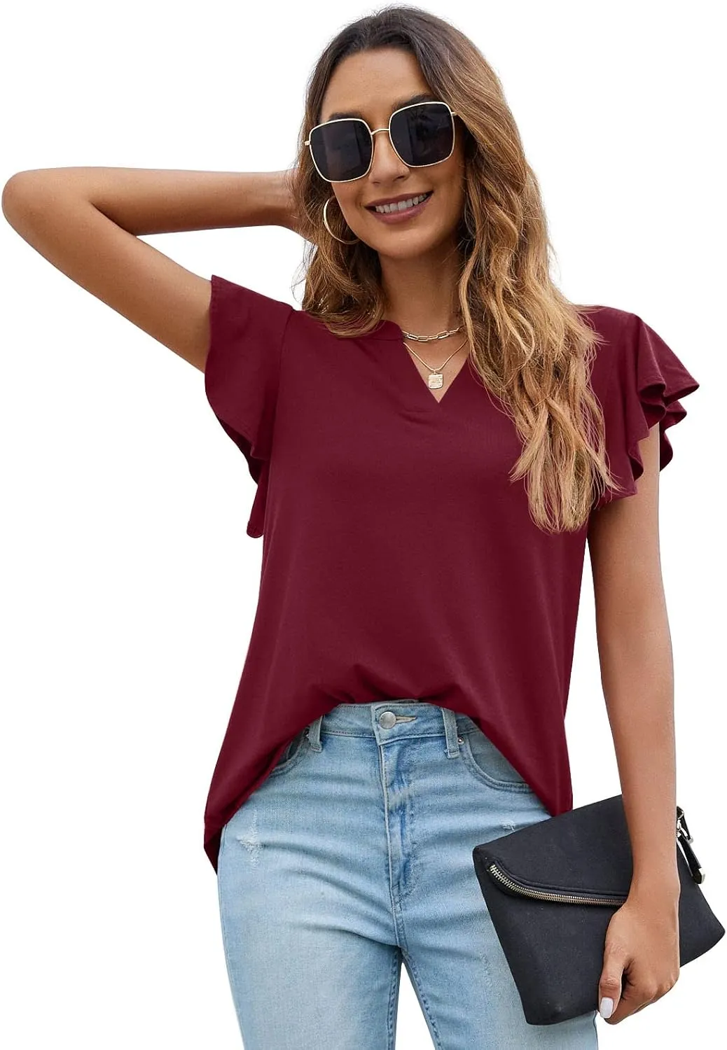 PrinStory Women Summer Tunic Tops Casual V Neck Ruffle Short Sleeve Knit Shirts Blouse