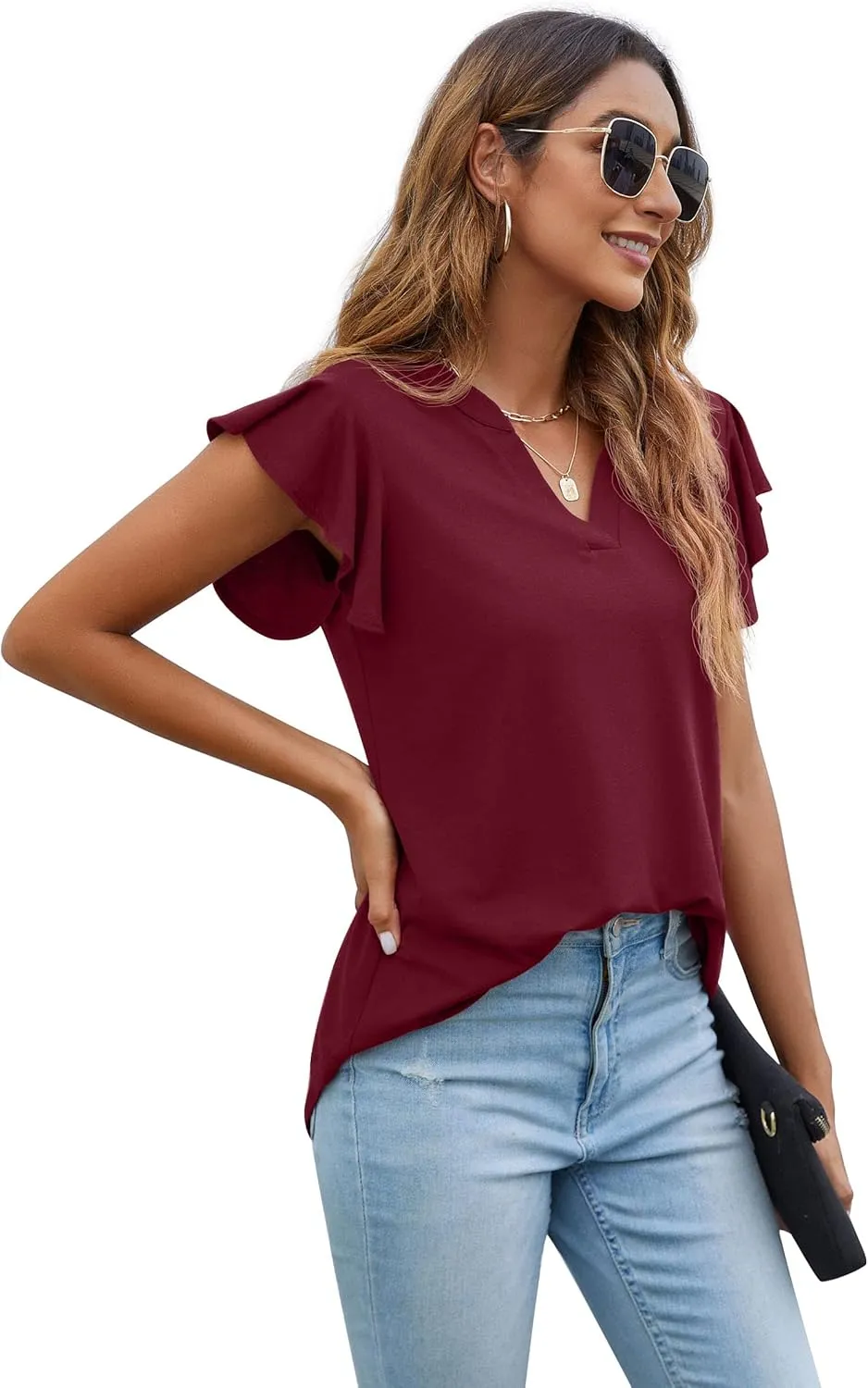 PrinStory Women Summer Tunic Tops Casual V Neck Ruffle Short Sleeve Knit Shirts Blouse