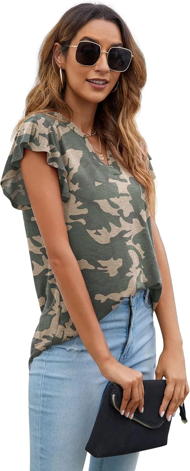 PrinStory Women Summer Tunic Tops Casual V Neck Ruffle Short Sleeve Knit Shirts Blouse