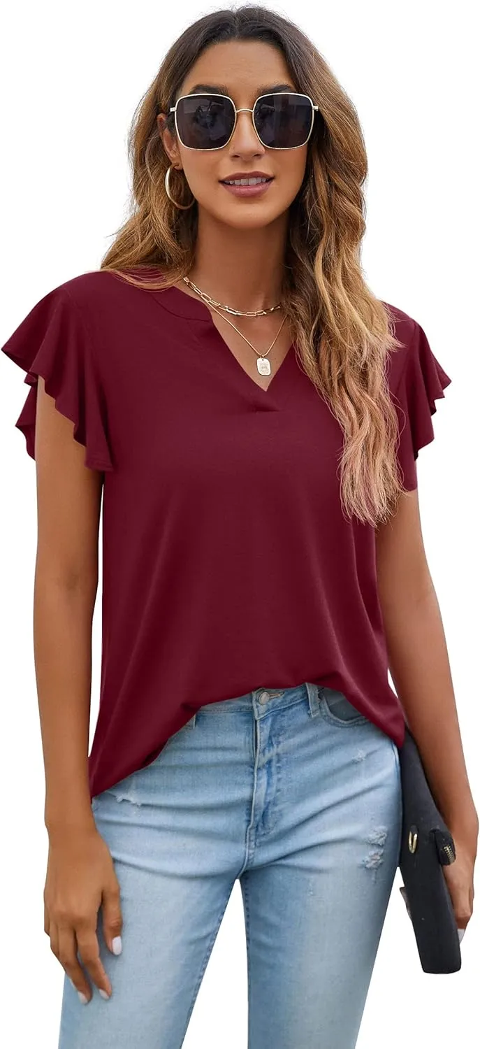 PrinStory Women Summer Tunic Tops Casual V Neck Ruffle Short Sleeve Knit Shirts Blouse