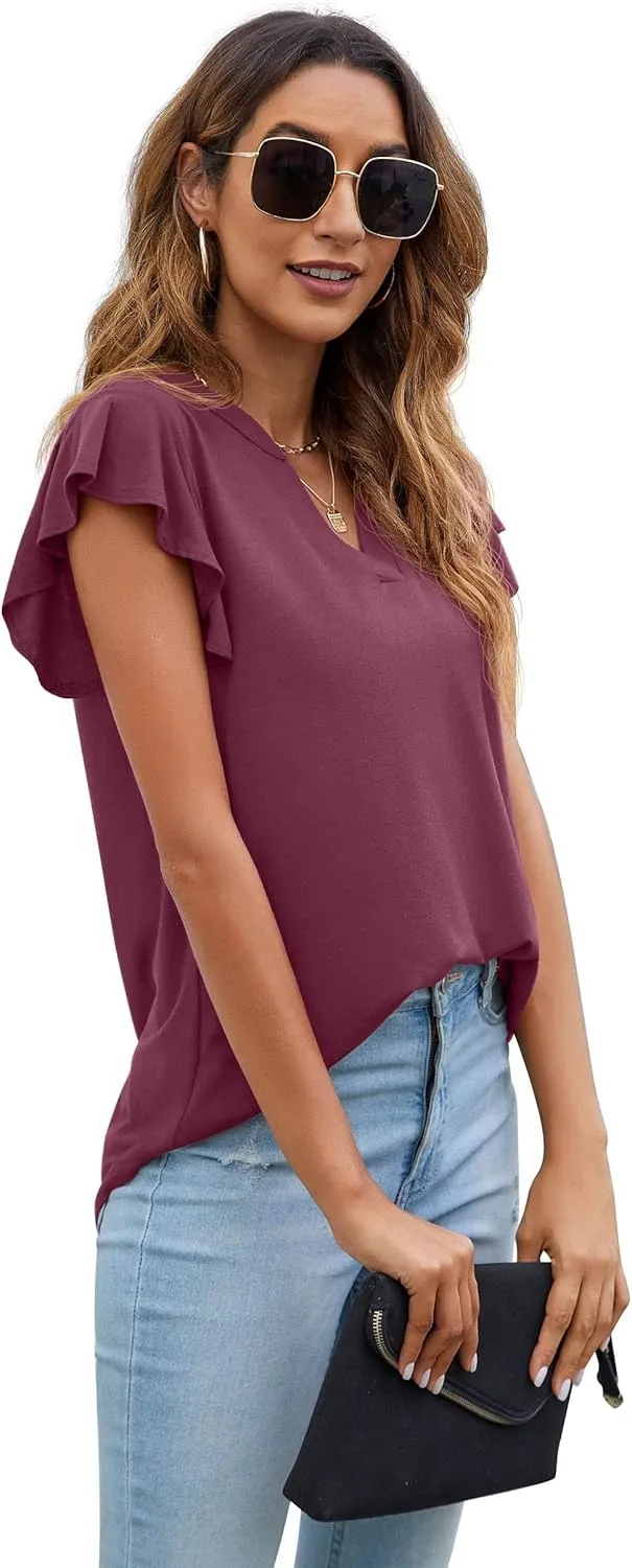 PrinStory Women Summer Tunic Tops Casual V Neck Ruffle Short Sleeve Knit Shirts Blouse