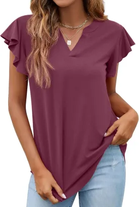 PrinStory Women Summer Tunic Tops Casual V Neck Ruffle Short Sleeve Knit Shirts Blouse
