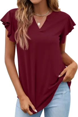 PrinStory Women Summer Tunic Tops Casual V Neck Ruffle Short Sleeve Knit Shirts Blouse