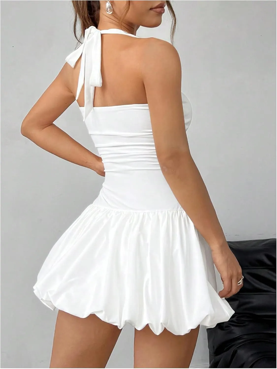 SOLY HUX Women's Bubble Mini Dress Y2K Halter Backless Club Party Graduation Short Dresses with Shorts Underneath