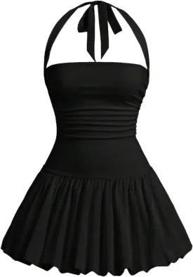SOLY HUX Women's Bubble Mini Dress Y2K Halter Backless Club Party Graduation Short Dresses with Shorts Underneath