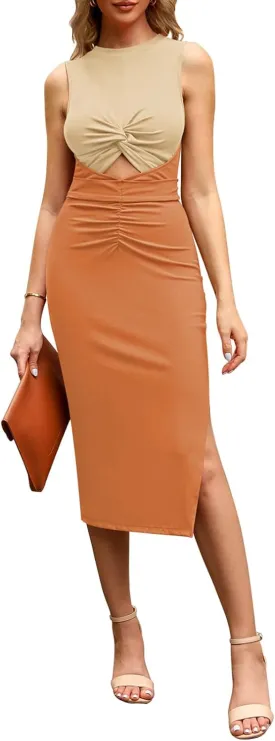 TOLENY Summer Sleeveless Cutout Dresses for Women Twisted Knot Ruched Side Slit Ribbed Bodycon Dress