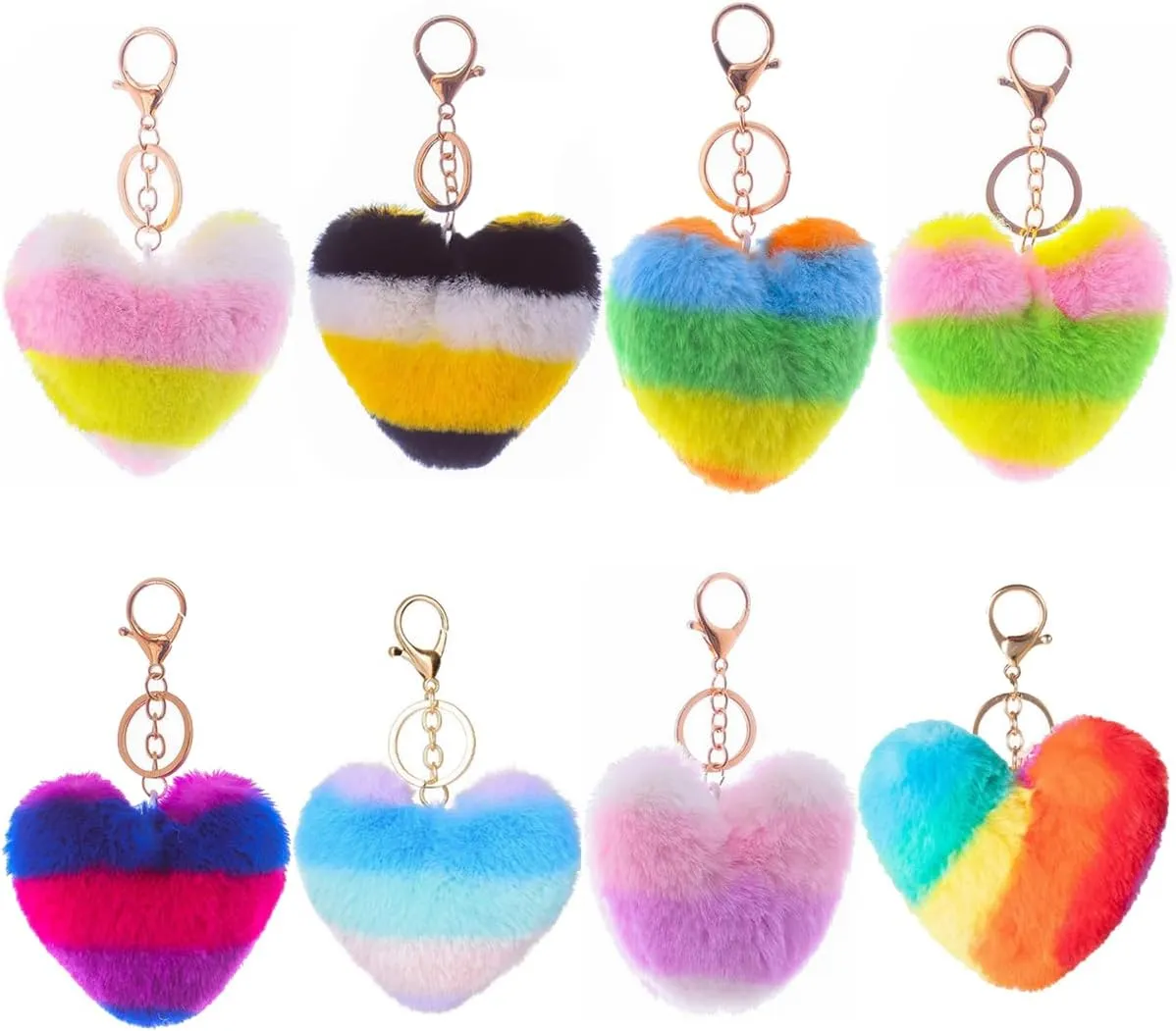 Unpafcxddyig 8PCS Pom Poms Keychains Fluffy Heart Shape Pompoms Keyring Faux Rabbit Fur Key Chain for Car Bag Charm Rainbow