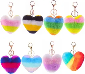 Unpafcxddyig 8PCS Pom Poms Keychains Fluffy Heart Shape Pompoms Keyring Faux Rabbit Fur Key Chain for Car Bag Charm Rainbow