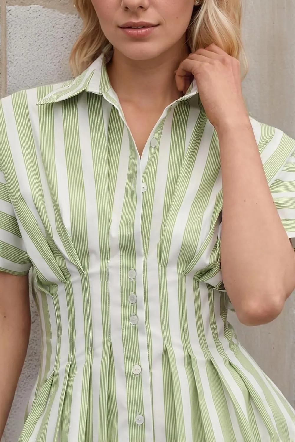 Women Button Down Pleated Shirt Dress Striped Short Sleeve Summer Casual Business Flowy Mini Short Dress