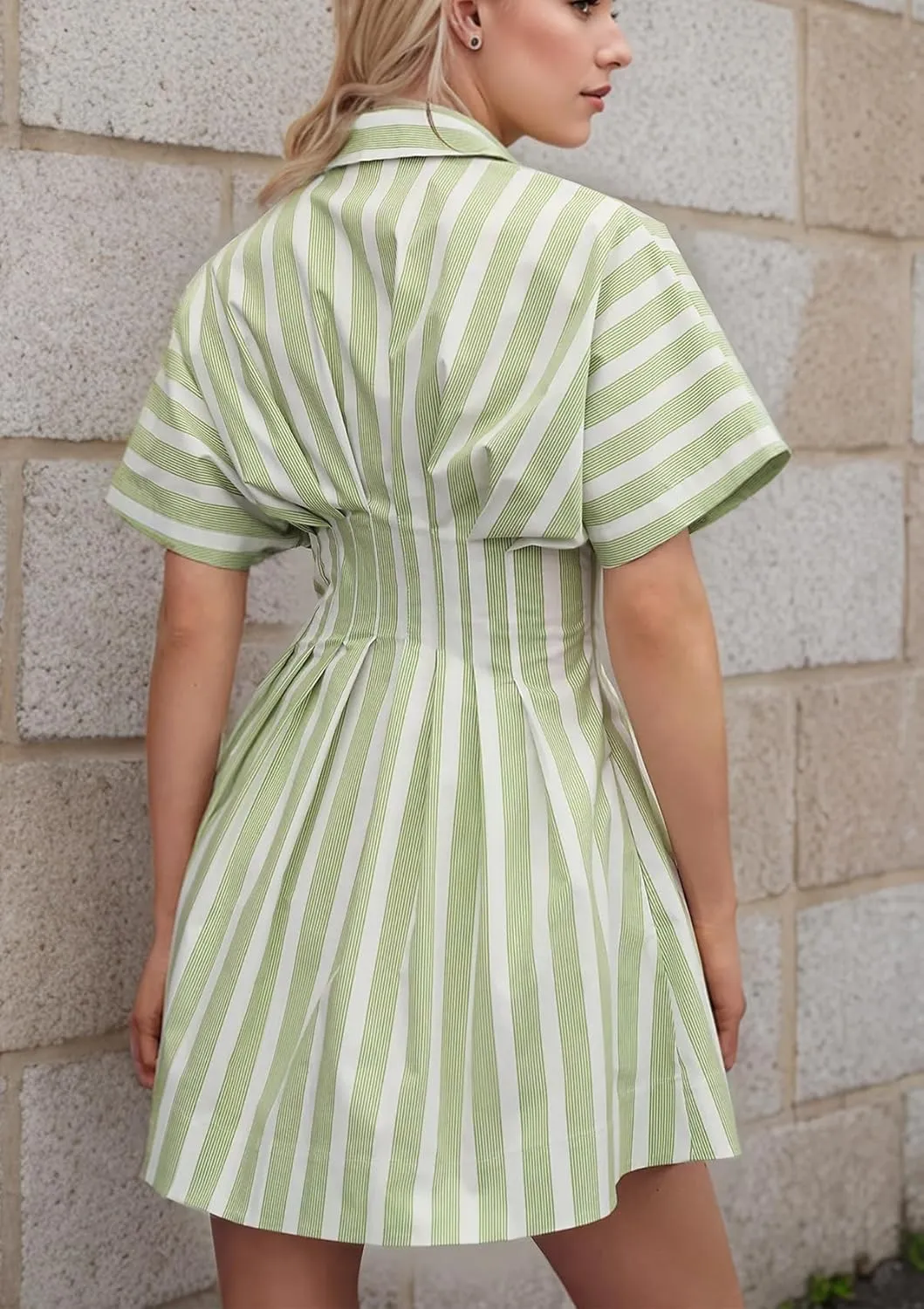 Women Button Down Pleated Shirt Dress Striped Short Sleeve Summer Casual Business Flowy Mini Short Dress