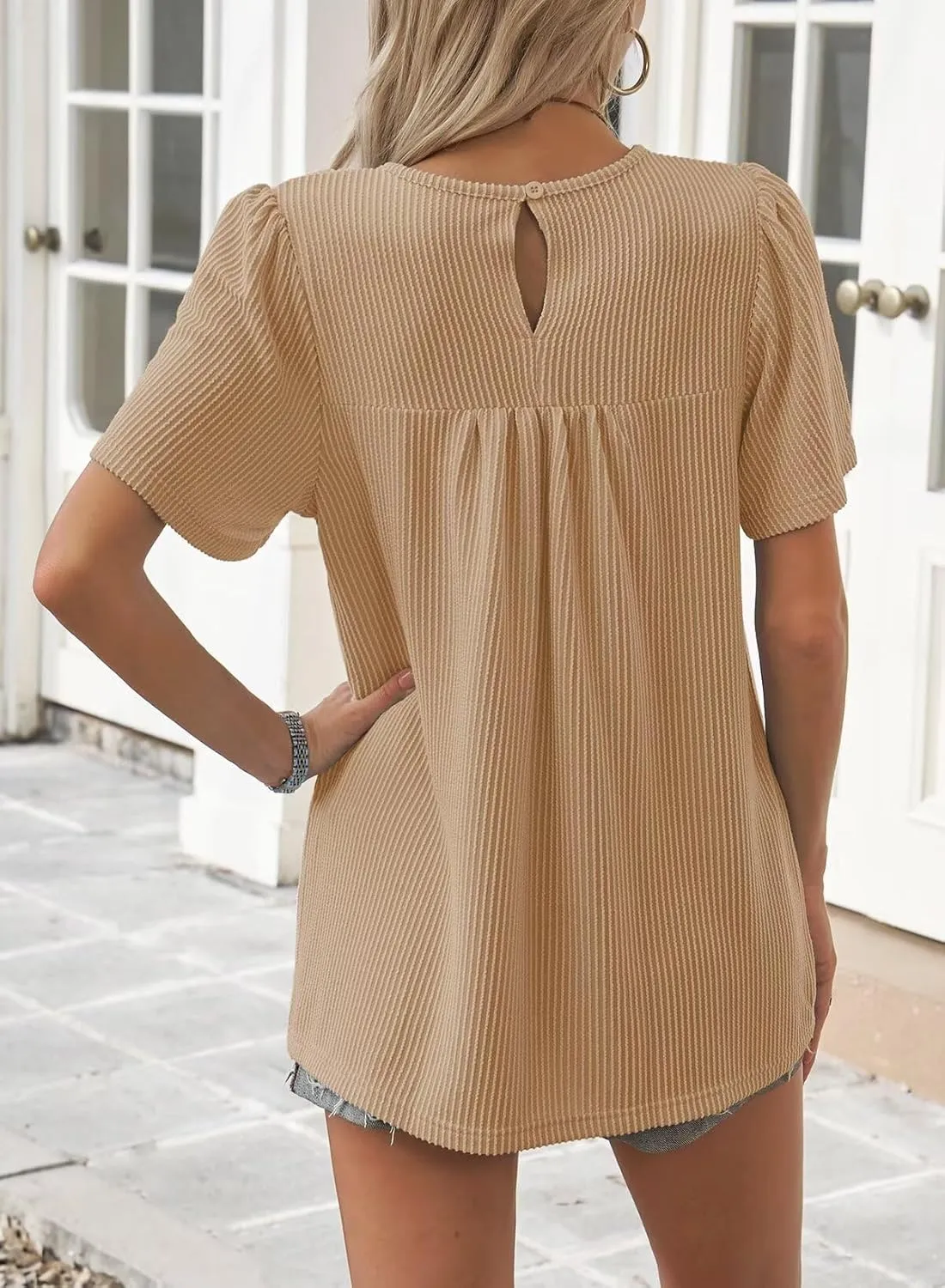 Womens Summer Tops Crewneck Short Sleeve Striped Shirts Casual Ribbed Blouses Flowy Hem Boho Clothing 2025