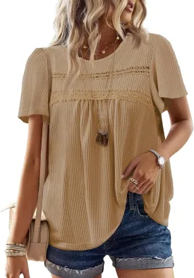 Womens Summer Tops Crewneck Short Sleeve Striped Shirts Casual Ribbed Blouses Flowy Hem Boho Clothing 2025