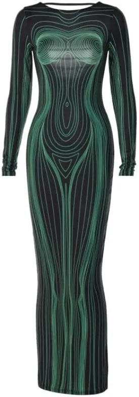 Y2K 3D Body Print Maxi Dress Women Aesthetic Long Sleeve Unique Sexy Body-Shaping Robe Party Clubwear Clothing