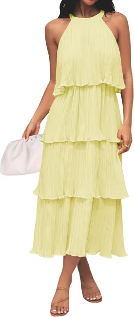 ZESICA Women's 2025 Summer Sleeveless Halter Neck Ruffle Tiered Layed Chiffon Flowy Swing Long Midi Dress
